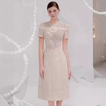 2025 Three-Dimensional Flower Embroidered Hollow Dress Round Collar Short-Sleeved Relief Dress